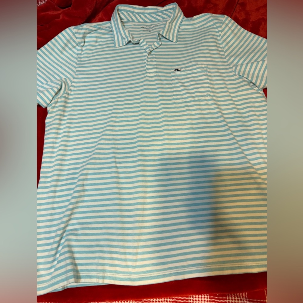 Vineyard Vines Aqua and White Striped Polo